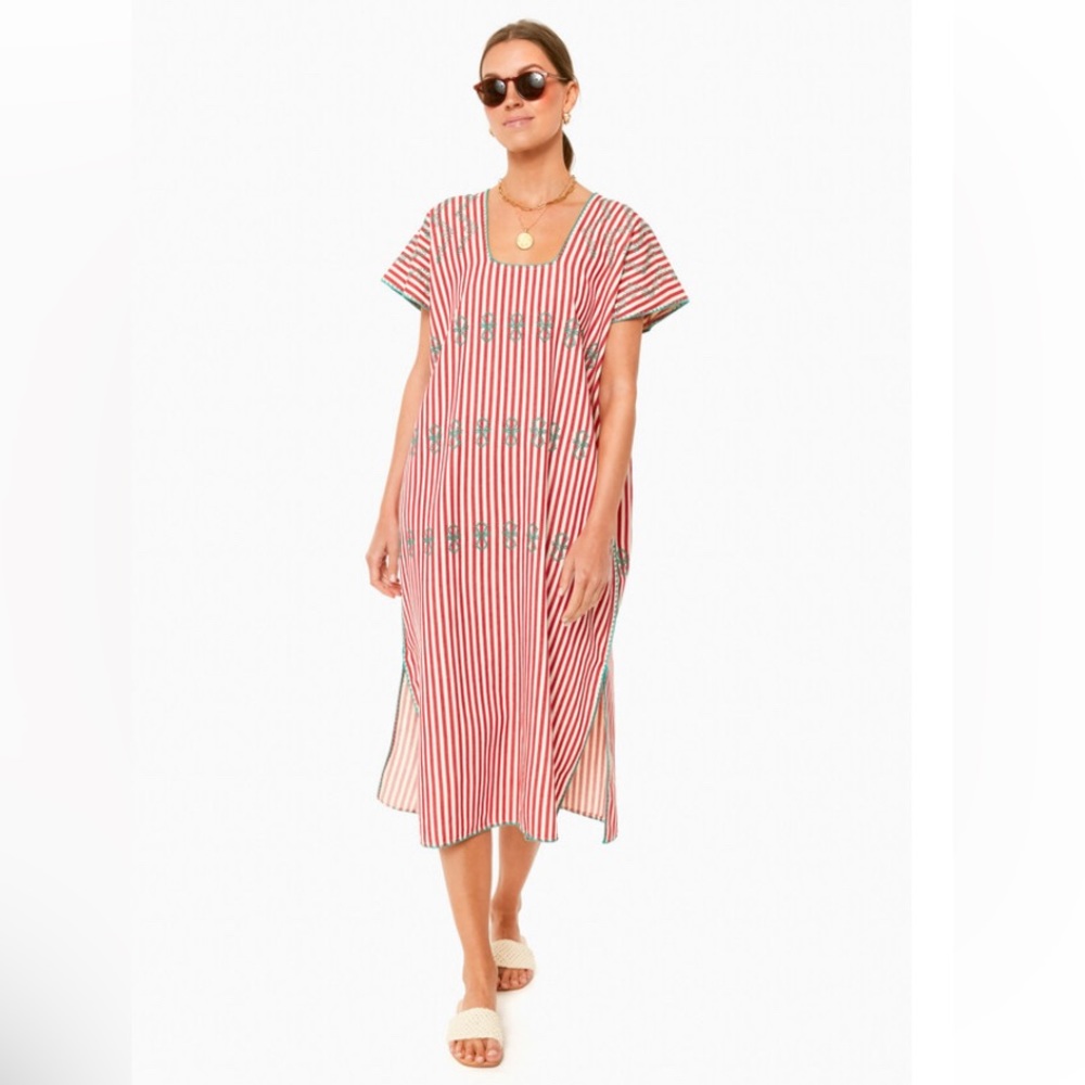 Tuckernuck Red Stripe Sullivan Embroidered Canvas Caftan, Sz M, NWT